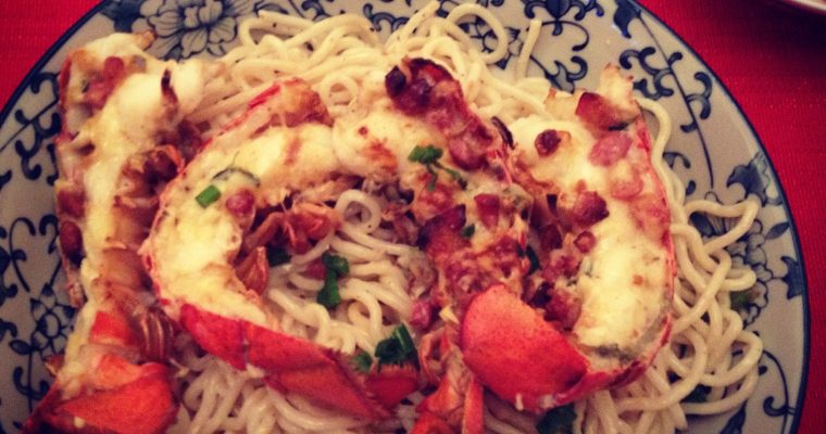 Baked Lobster in Cheese Sauce with Noodles