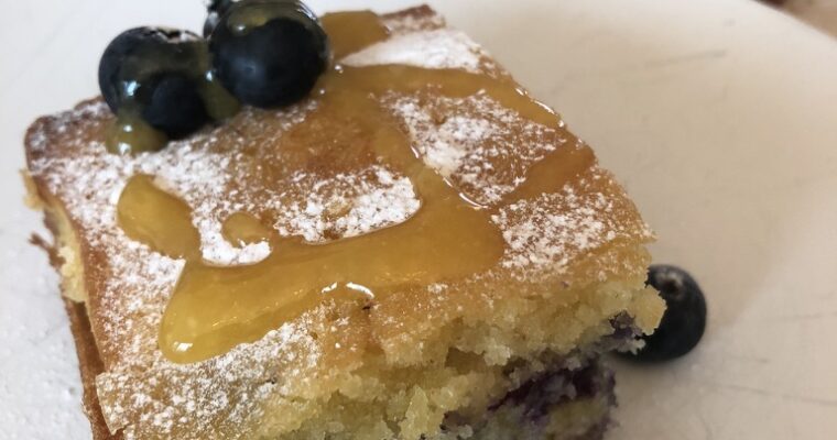 Blueberry Squares with Passion Fruit Syrup